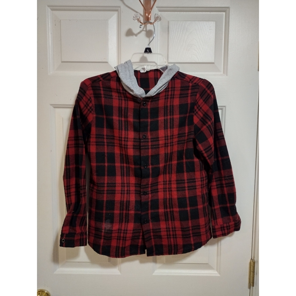 Plaid Button Down Hooded Long Sleeve Shirt Boy 11-12
